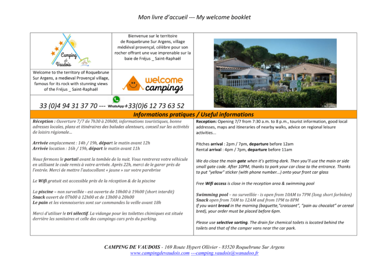 Livret d'accueil  Camping de Vaudois  Roquebrune sur Argens
